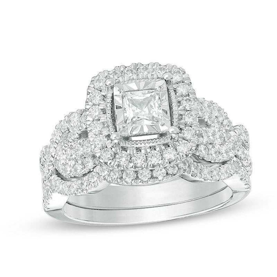 Zales 1-1/2 Ct. T.W. Princess-Cut Diamond Frame Vintage-Style Twist Bridal Set In 14K White Gold Rings