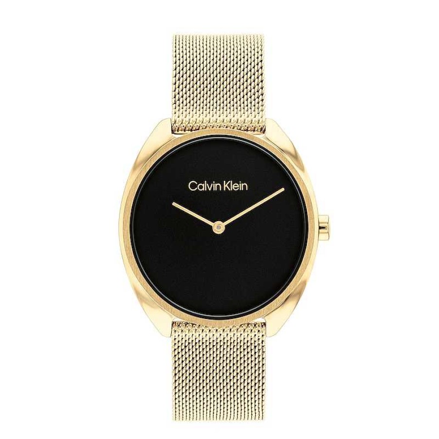 Calvin Klein Ladies' Calvin Klein Gold-Tone Ip Mesh Watch With Black Dial (Model: 25200271) Watches