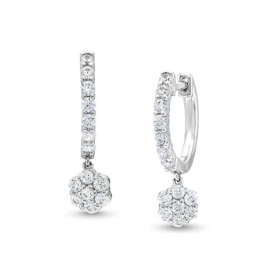 Zales 1 Ct. T.W. Diamond Flower Dangle Hoop Earrings In 10K White Gold Earrings