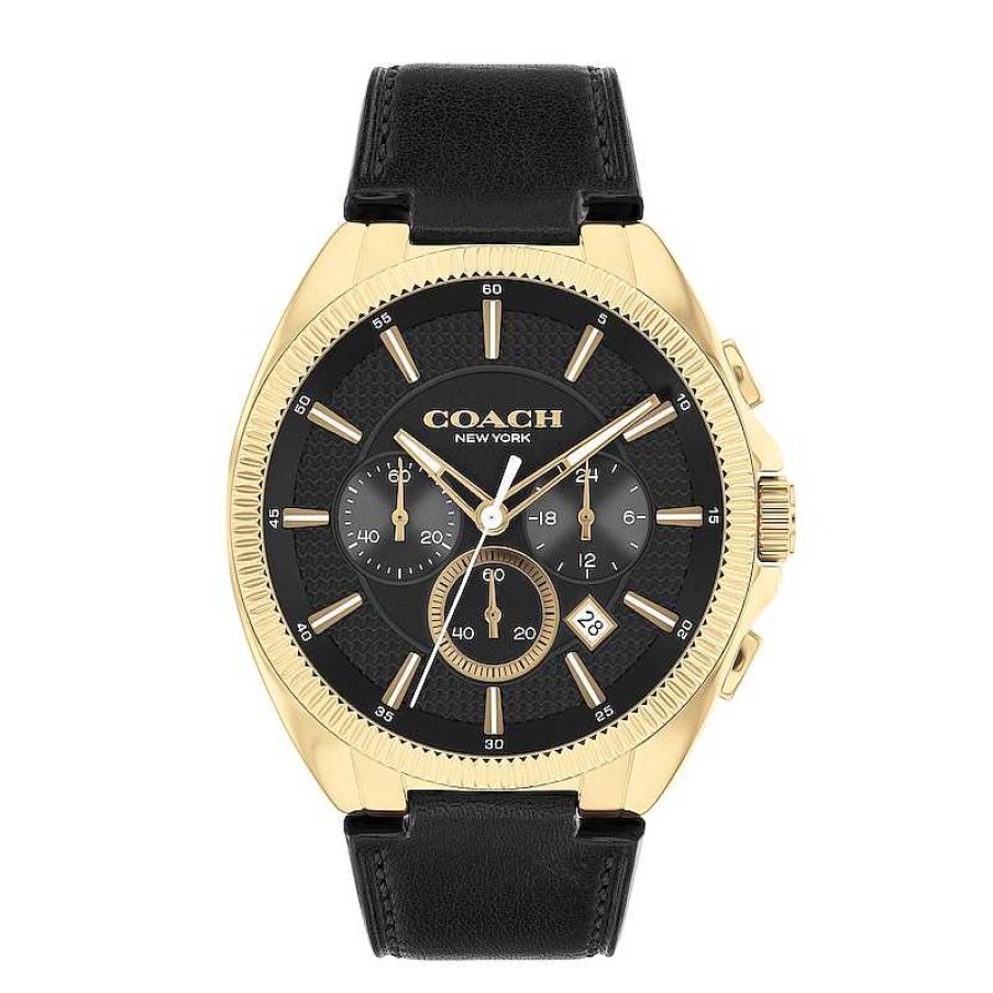 Coach Men'S Coach Jackson Gold-Tone Ip Black Leather Strap Chronograph Watch With Black Dial (Model: 14602684) Watches