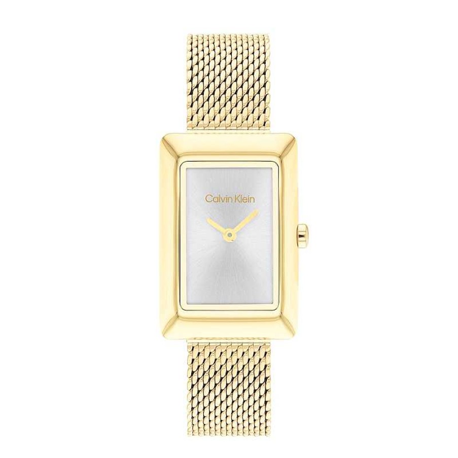 Calvin Klein Ladies' Calvin Klein Gold-Tone Ip Mesh Watch With Rectangular Silver-Tone Dial (Model: 25200396) Watches