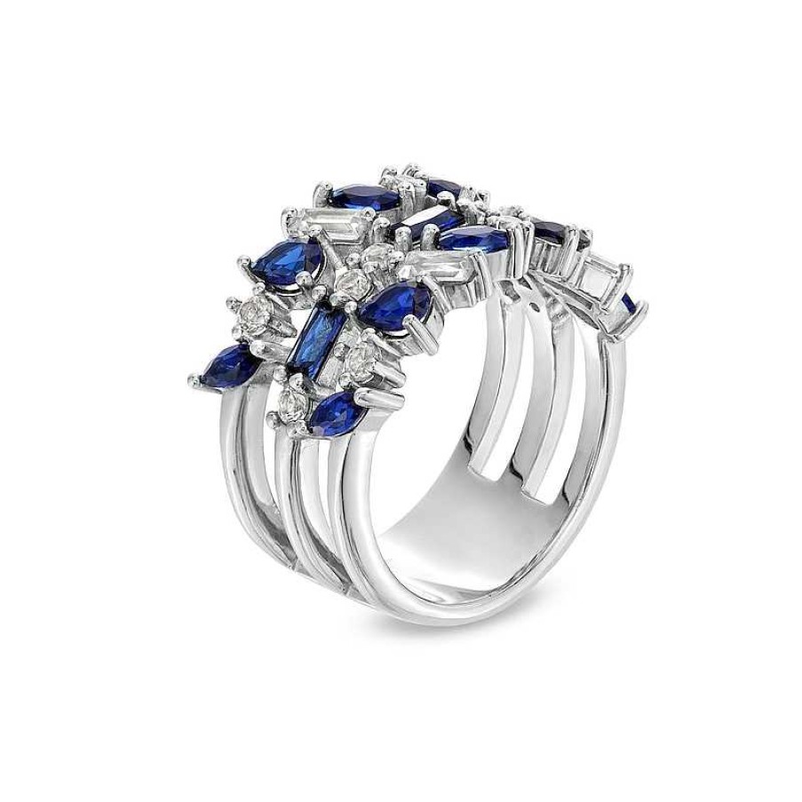 Zales Multi-Shaped Blue And White Lab-Created Sapphire Alternating Triple Row Ring In Sterling Silver Rings