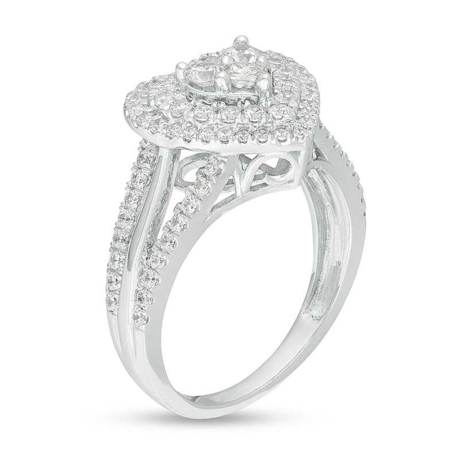 Zales 1 Ct. T.W. Heart-Shaped Multi-Diamond Double Frame Split Shank Ring In 10K White Gold Rings