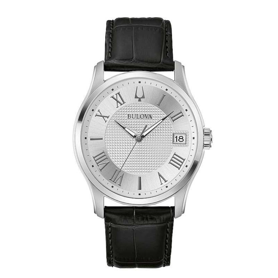 Bulova Men'S Bulova Wilton Silvertone Watch With Black Leather Strap (Model: 96B388) Watches