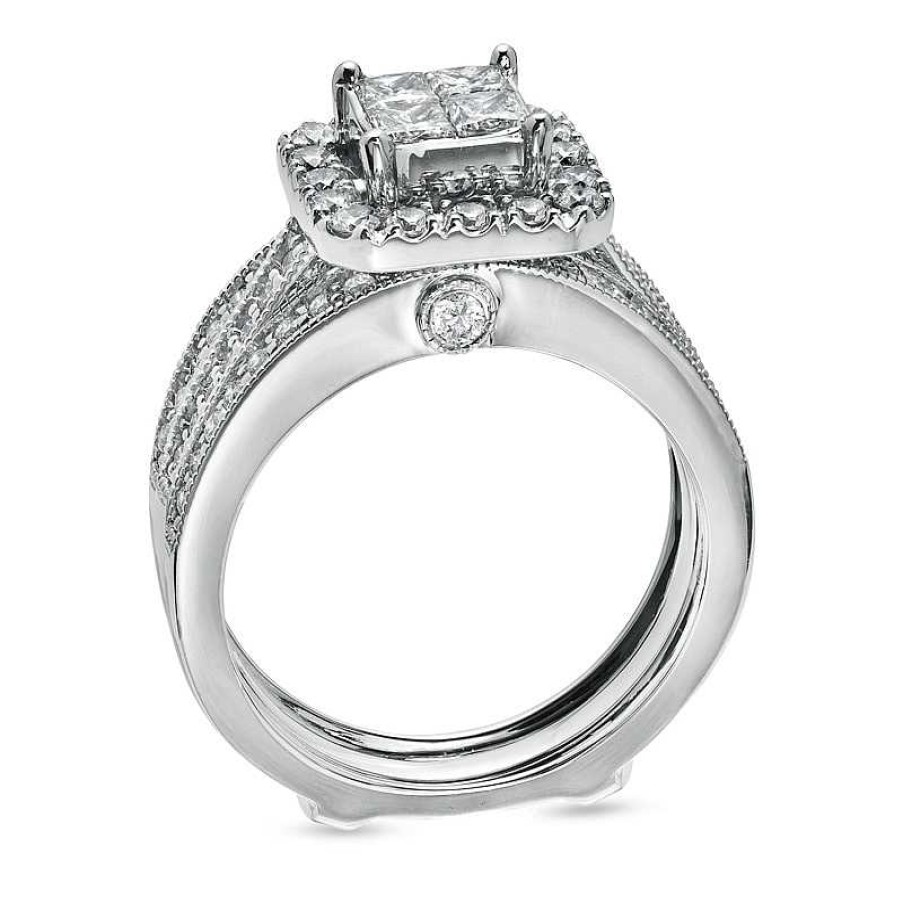 Zales 1-1/2 Ct. T.W. Quad Princess-Cut Diamond Vintage-Style Bridal Set In 14K White Gold Rings