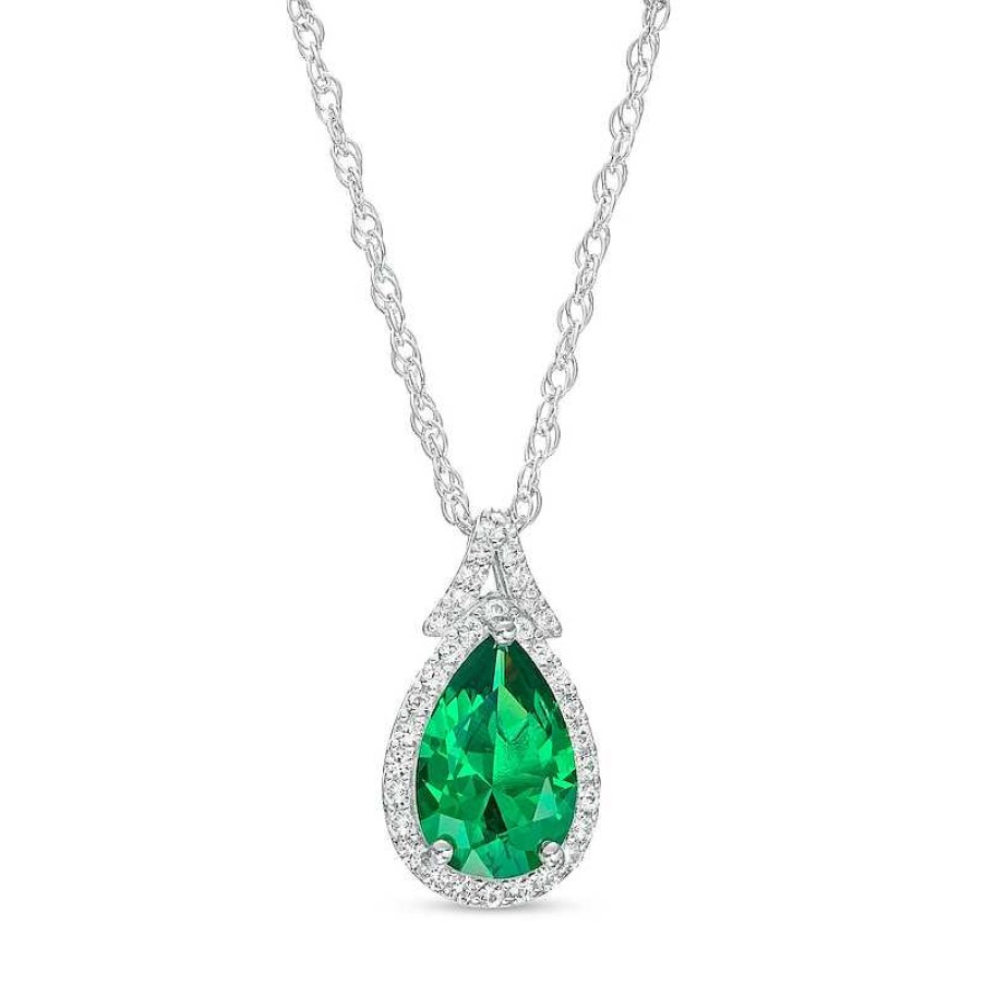 Zales Pear-Shaped Green Quartz Doublet And White Lab-Created Sapphire Frame Split Bail Pendant In Sterling Silver Necklaces