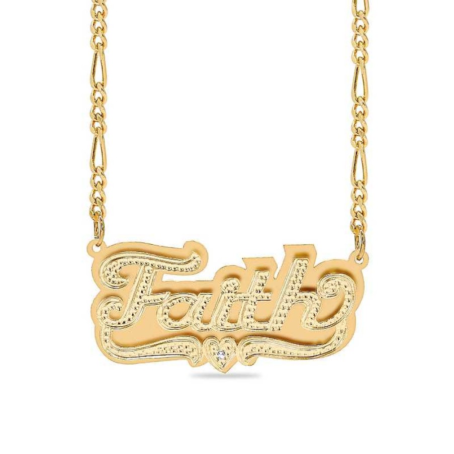 Zales Diamond Accent Hammered Name And Heart Ribbon Accent Plate Necklace In Sterling Silver With 14K Gold Plate (1 Line) Necklaces