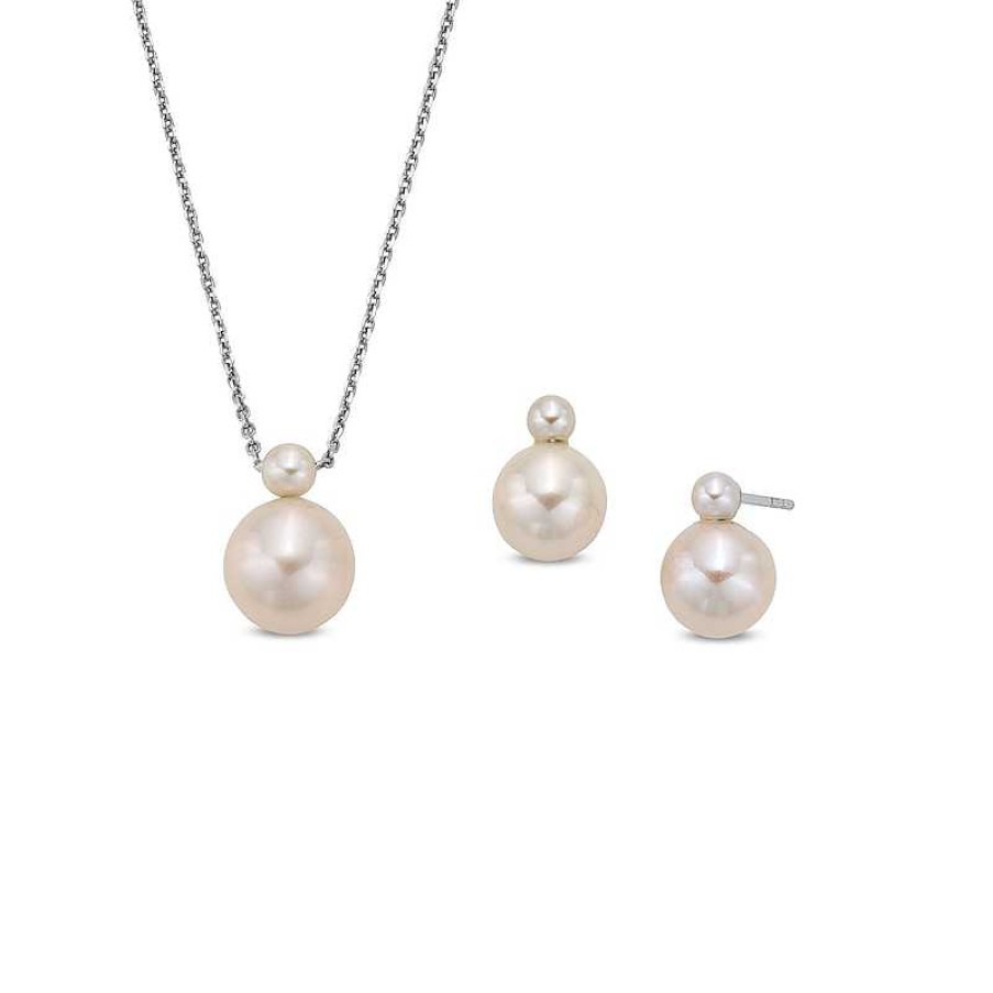 Zales 3.5-9.5Mm Cultured Freshwater Pearl Stacked Drop Pendant And Stud Earrings Set In Sterling Silver Earrings