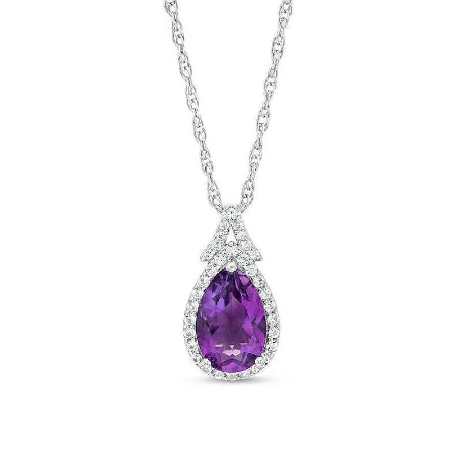 Zales Pear-Shaped Amethyst And White Lab-Created Sapphire Frame Split Bail Pendant In Sterling Silver Necklaces