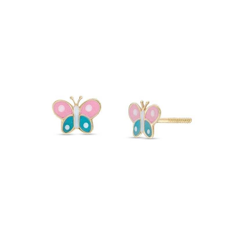 Zales Child'S Pink, Blue And White Enamel Butterfly Stud Earrings In 14K Gold Earrings