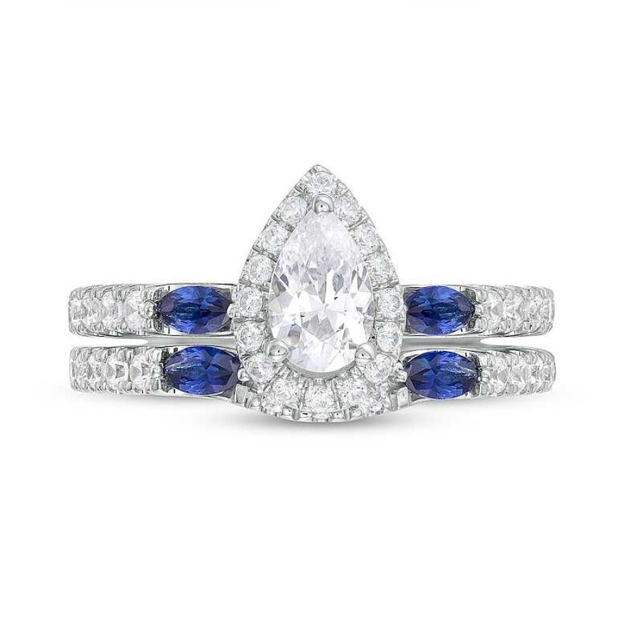 Zales Vera Wang Love Collection 1 Ct. T.W. Pear-Shaped Diamond And Marquise Blue Sapphire Bridal Set In 14K White Gold Rings