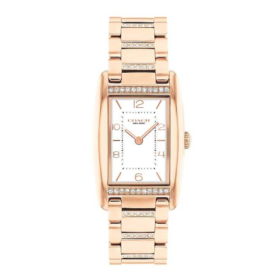 Coach Ladies' Coach Reese Crystal Accent Rose-Tone Ip Watch With Rectangular White Dial (Model: 14504317) Watches