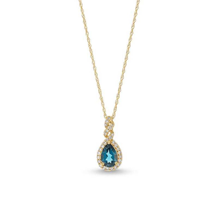 Zales Pear-Shaped London Blue Topaz And 1/8 Ct. T.W. Diamond Frame Twist Pendant In 10K Gold Necklaces