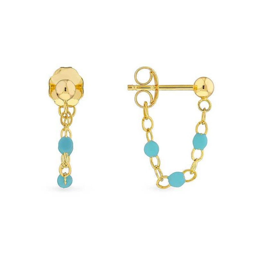 Zales Turquoise Enamel Station Chain Drop Front/Back Earrings In 14K Gold Earrings