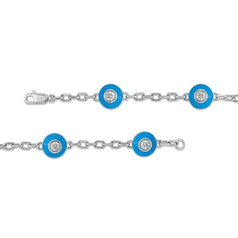 Zales 3/4 Ct. T.W. Diamond Turquoise Enamel Frame Paper Clip Link Chain Station Bracelet In 10K White Gold Bracelets