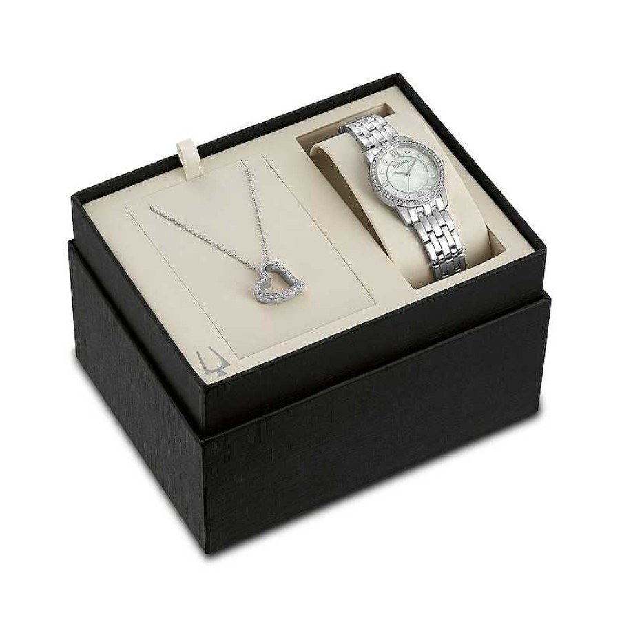 Bulova Ladies' Bulova Crystal Accent Watch With Mother-Of Pearl Dial And Tilted Heart Pendant Box Set (Model: 96X155) Watches