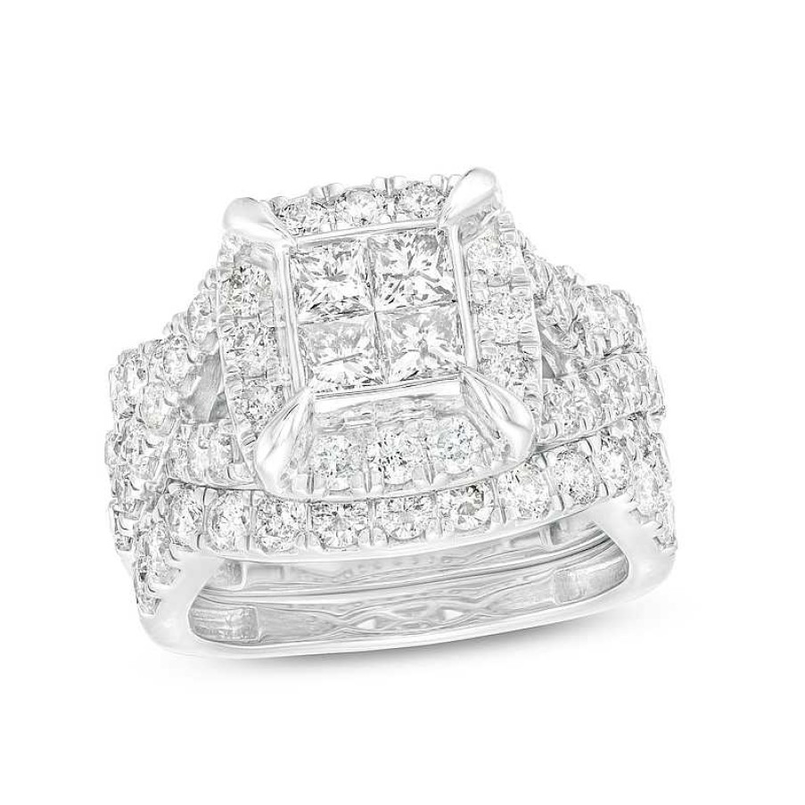 Zales 3 Ct. T.W. Quad Princess-Cut Diamond Frame Twist Shank Three Piece Bridal Set In 14K White Gold Rings