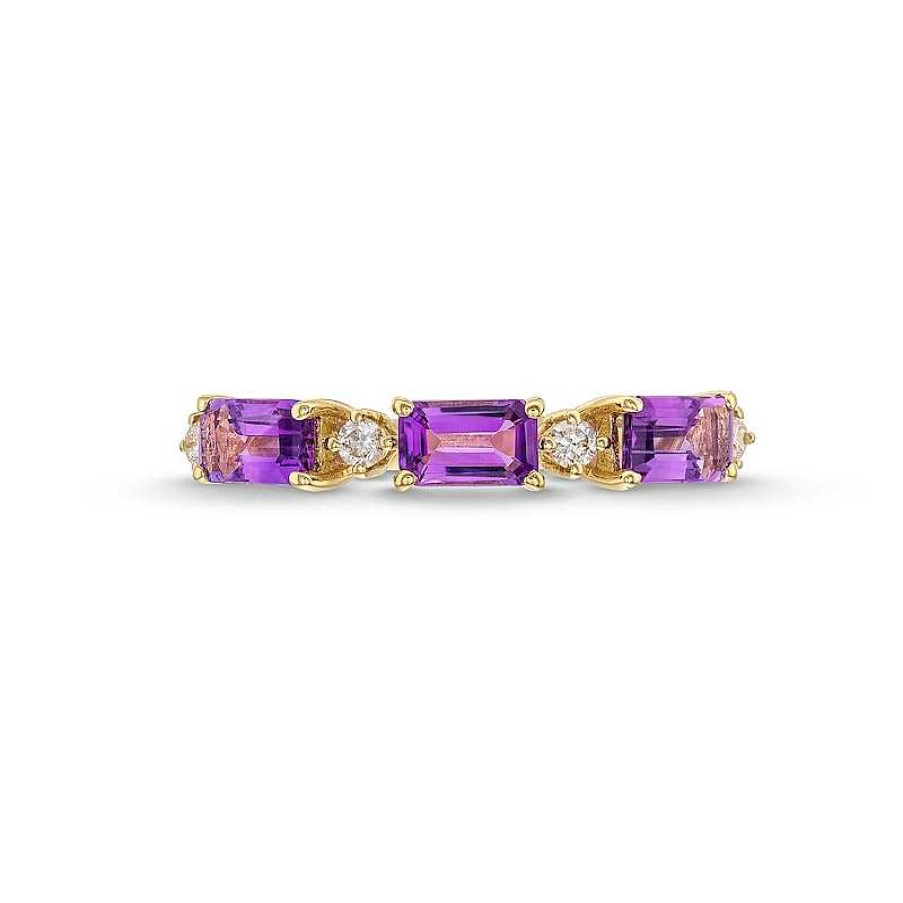 Zales Sideways Emerald-Cut Amethyst And 1/15 Ct. T.W. Diamond Alternating Three Stone Ring In 10K Gold Rings