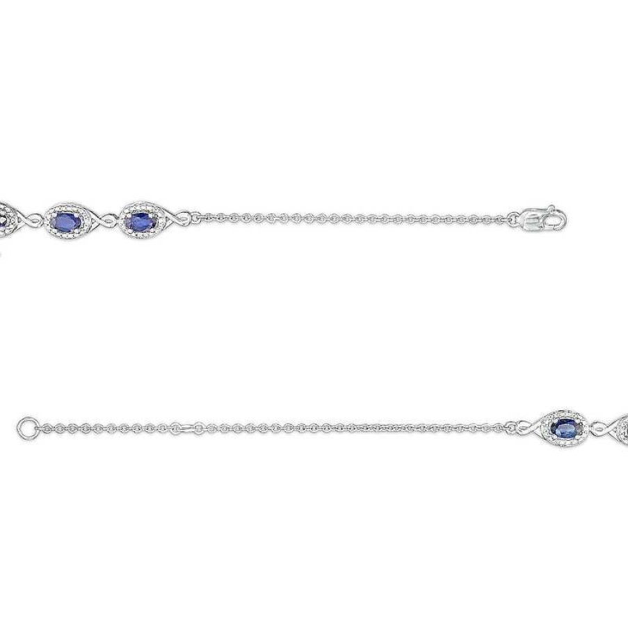 Zales Oval Blue Sapphire And Diamond Accent Twist Five Stone Bracelet In 10K White Gold 8.0" Bracelets