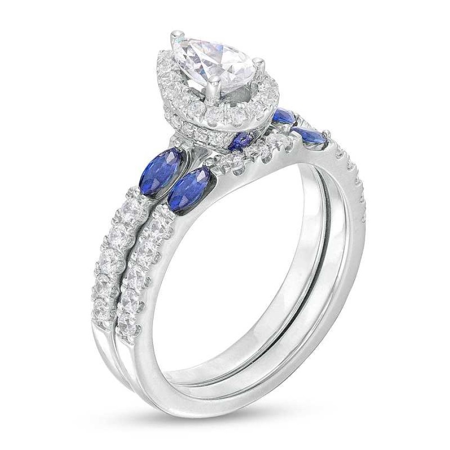 Zales Vera Wang Love Collection 1 Ct. T.W. Pear-Shaped Diamond And Marquise Blue Sapphire Bridal Set In 14K White Gold Rings