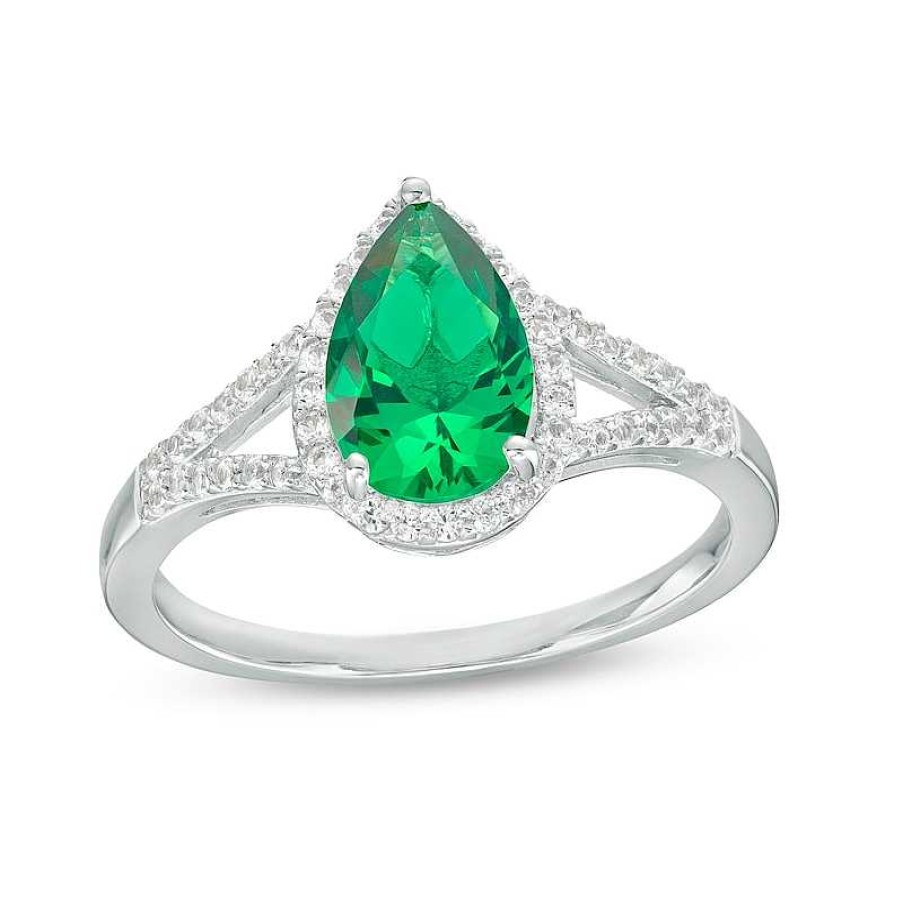 Zales Pear-Shaped Green Quartz Doublet And White Lab-Created Sapphire Frame Split Shank Ring In Sterling Silver Rings