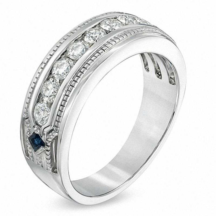 Zales Vera Wang Love Collection Men'S 1 Ct. T.W. Diamond And Blue Sapphire Wedding Band In 14K White Gold Rings