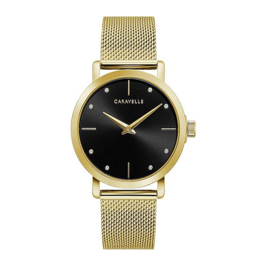 CARAVELLE Ladies' Caravelle By Bulova Crystal Accent Gold-Tone Mesh Watch With Black Dial (Model: 44L256) Watches