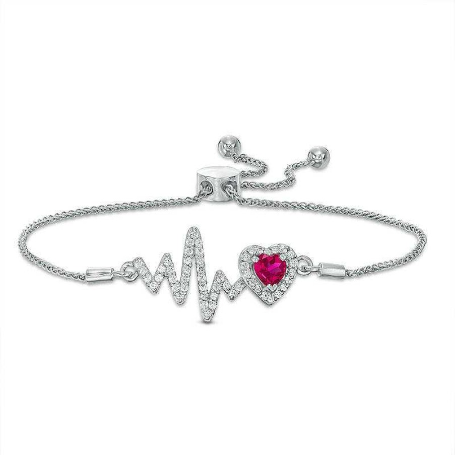 Zales 5.0Mm Heart-Shaped Lab-Created Ruby And White Sapphire Frame Heartbeat Bolo Bracelet In Sterling Silver - 9.5" Bracelets