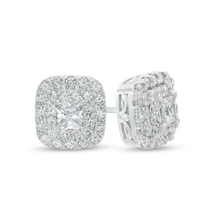 Zales 1-1/2 Ct. T.W. Certified Princess-Cut Lab-Created Diamond Double Frame Stud Earrings In 14K White Gold (F/Si2) Earrings