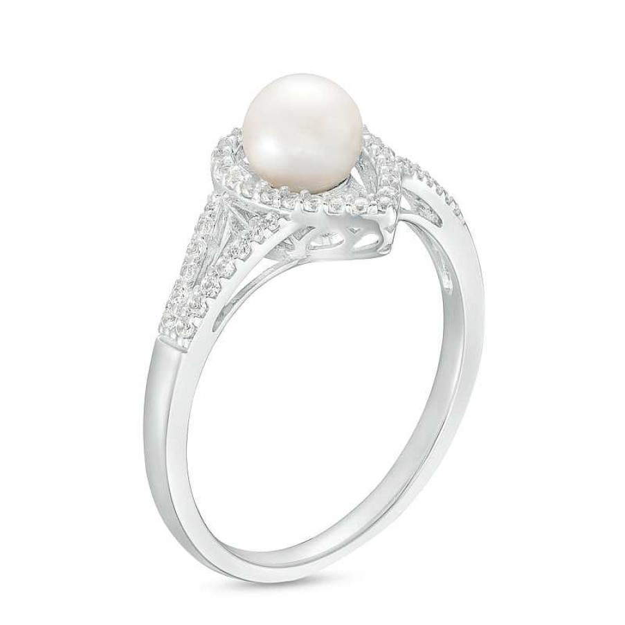 Zales 6.0Mm Cultured Freshwater Pearl And White Lab-Created Sapphire Pear-Shaped Frame Split Shank Ring In Sterling Silver Rings