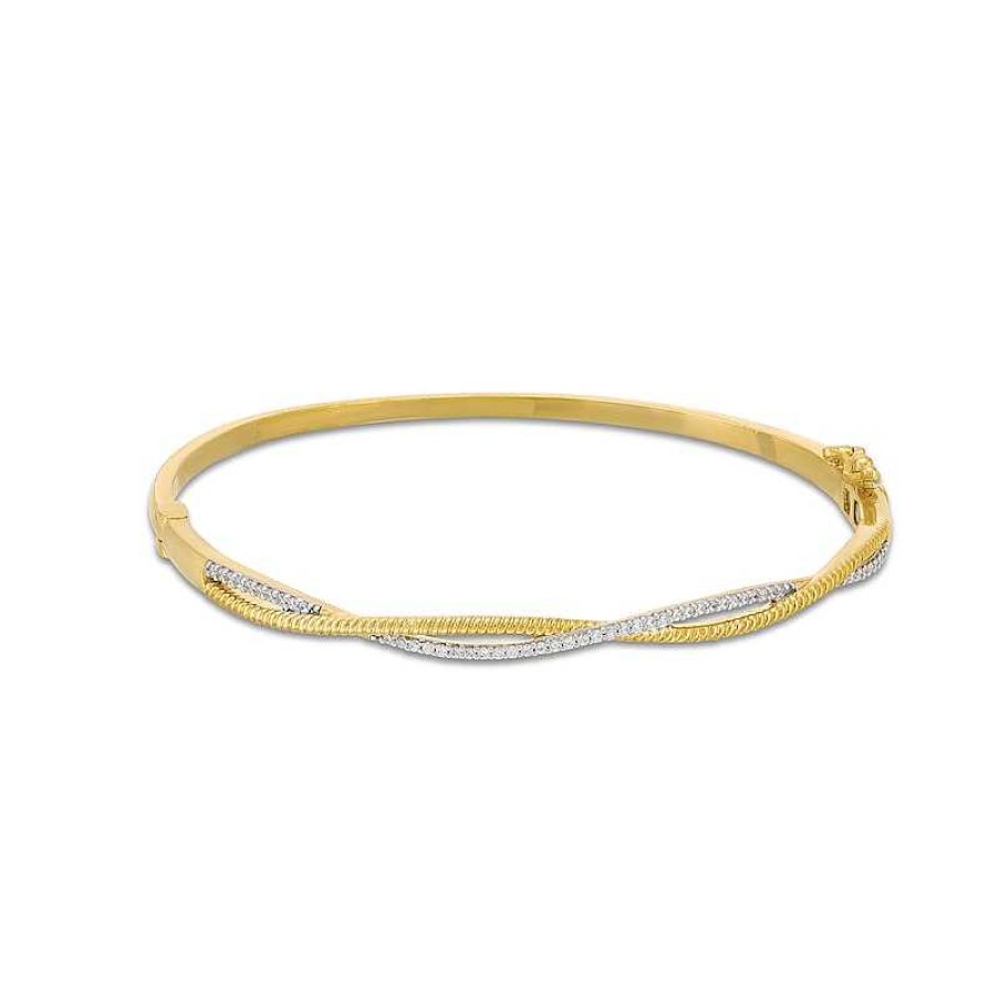 Zales 1/4 Ct. T.W. Diamond And Rope-Textured Ribbon Twist Bangle In 10K Gold Bracelets