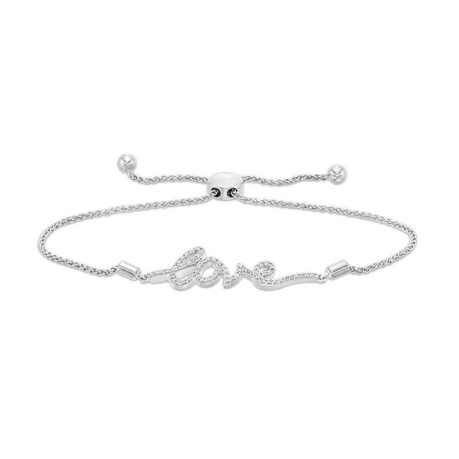 Zales 1/5 Ct. T.W. Diamond Cursive "Love" Script Bolo Bracelet In Sterling Silver 8.25" Bracelets