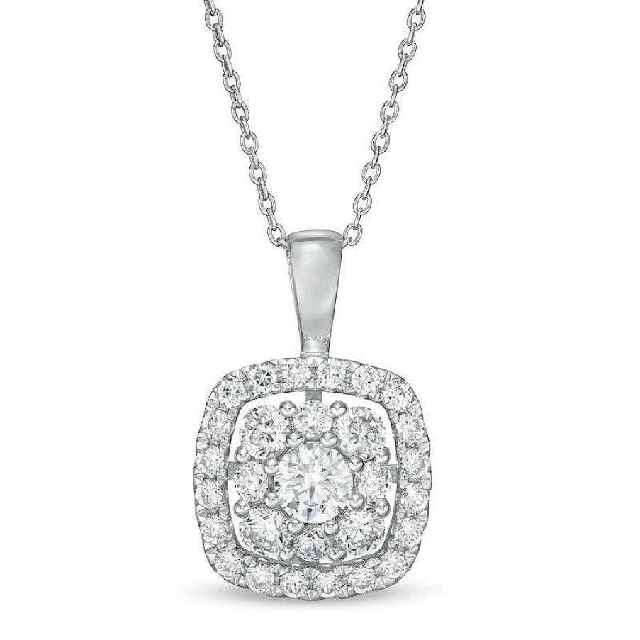 Zales 1 Ct. T.W. Certified Lab-Created Diamond Cushion Frame Pendant In 14K White Gold (F/Si2) Necklaces