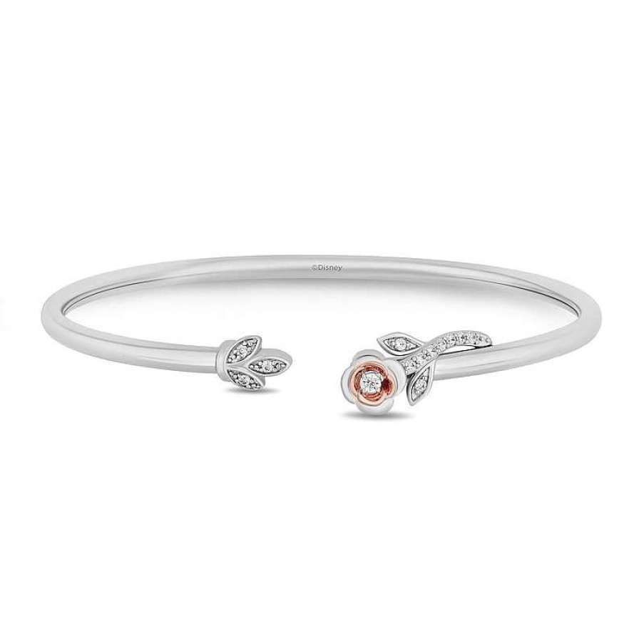 Zales Enchanted Disney Belle 1/6 Ct. T.W. Diamond Rose Leaf Open Bangle In Sterling Silver And 10K Rose Gold Bracelets