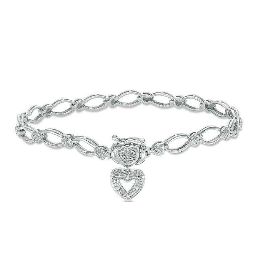 Zales Diamond Accent Oval Link With Heart Charm Bracelet In Sterling Silver - 7.25" Bracelets