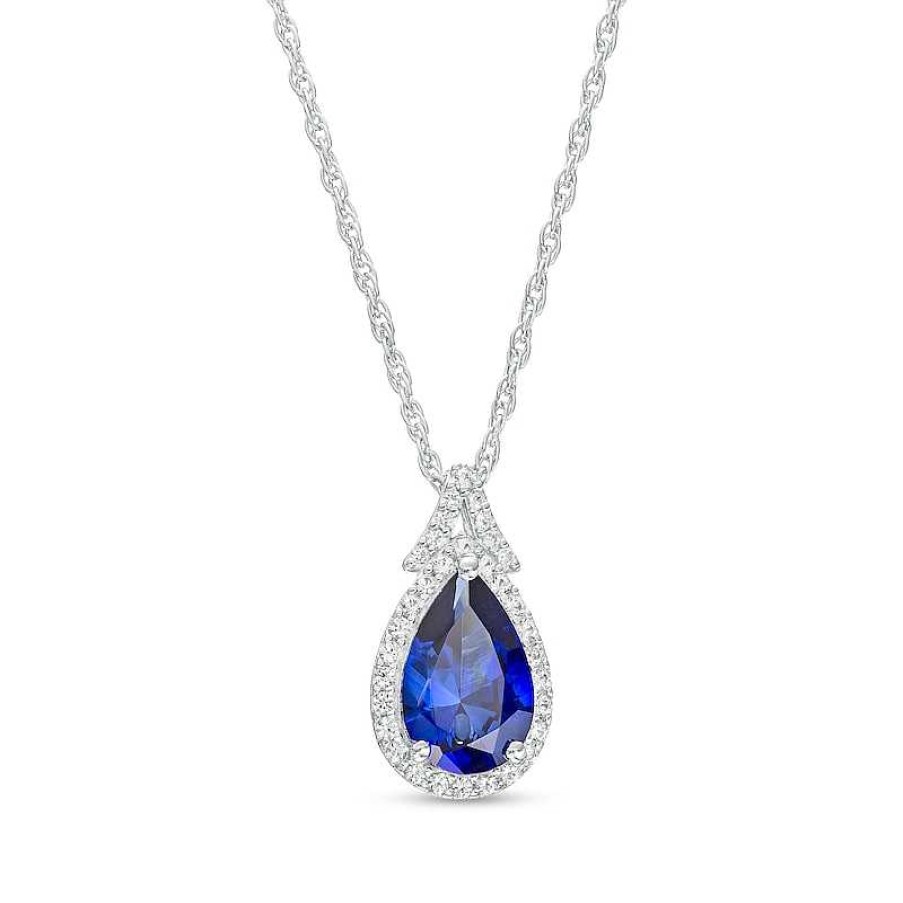 Zales Pear-Shaped Blue And White Lab-Created Sapphire Frame Split Bail Pendant In Sterling Silver Necklaces