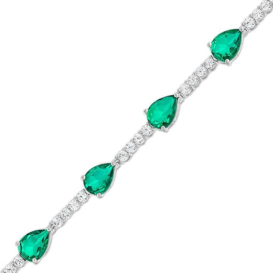 Zales Pear-Shaped Green Quartz Doublet And White Lab-Created Sapphire Station Line Bracelet In Sterling Silver - 7.25" Bracelets