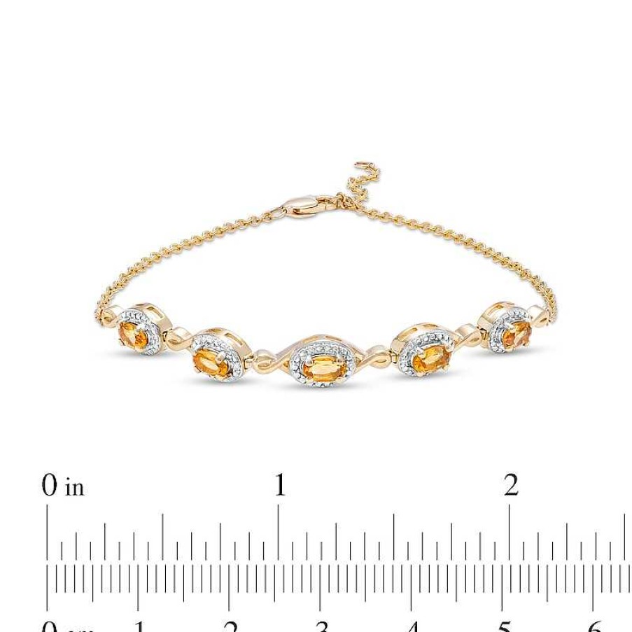 Zales Oval Citrine And Diamond Accent Twist Five Stone Bracelet In 10K Gold 8.0" Bracelets