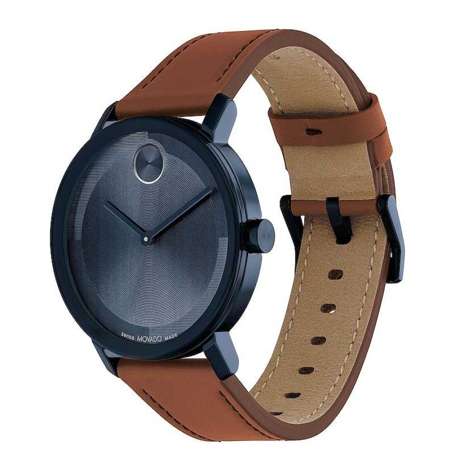 Movado Men'S Movado Bold® Evolution Blue Ip Brown Strap Watch With Textured Tonal Blue Dial (Model: 3601093) Watches