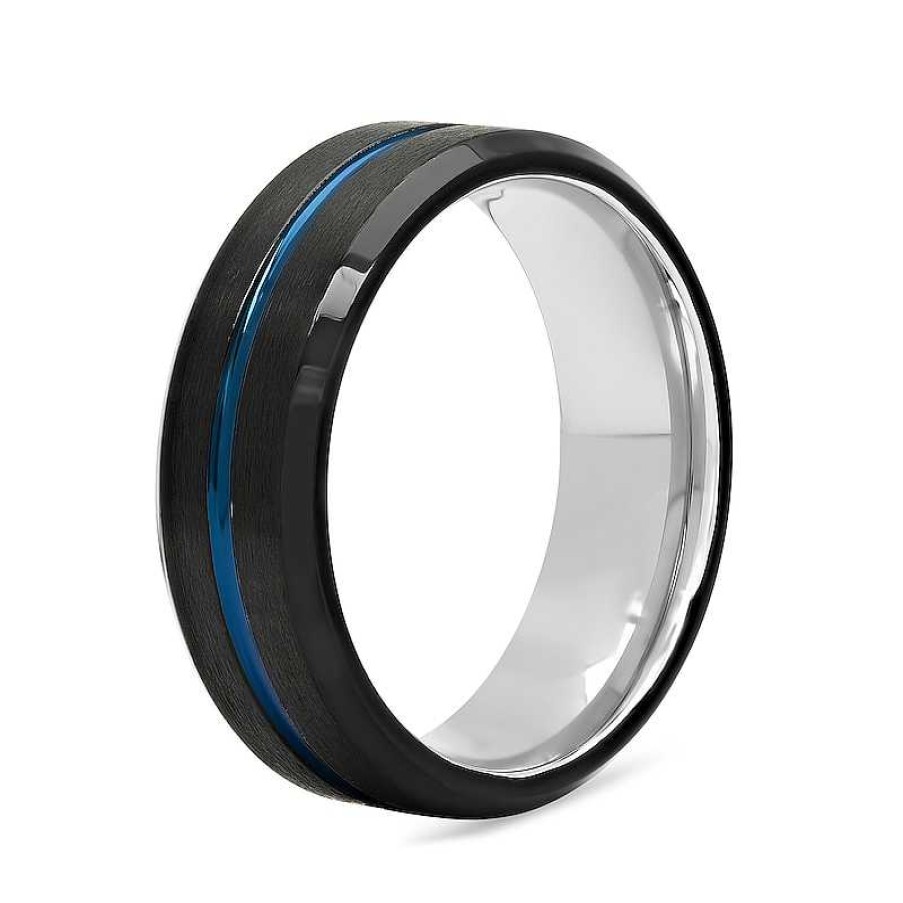 Zales Men'S 8.0Mm Satin Groove Comfort-Fit Engravable Wedding Band In Stainless Steel With Black And Blue Ip (1 Line) Rings