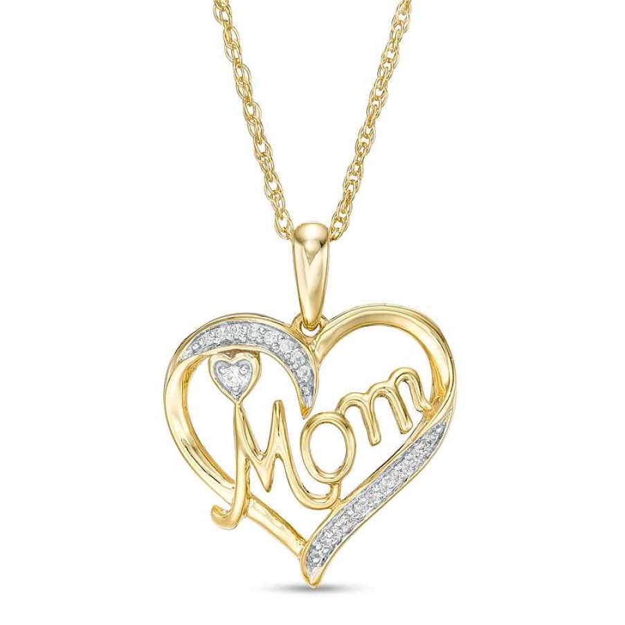 Zales 1/20 Ct. T.W. Diamond Heart "Mom" Pendant In 10K Gold Necklaces