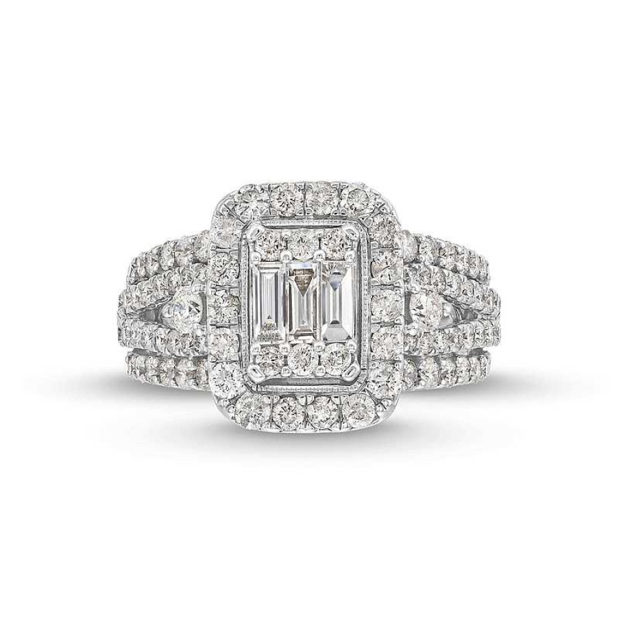 Zales 1-1/2 Ct. T.W. Emerald-Shaped Multi-Diamond Frame Multi-Row Split Shank Engagement Ring In 14K White Gold Rings