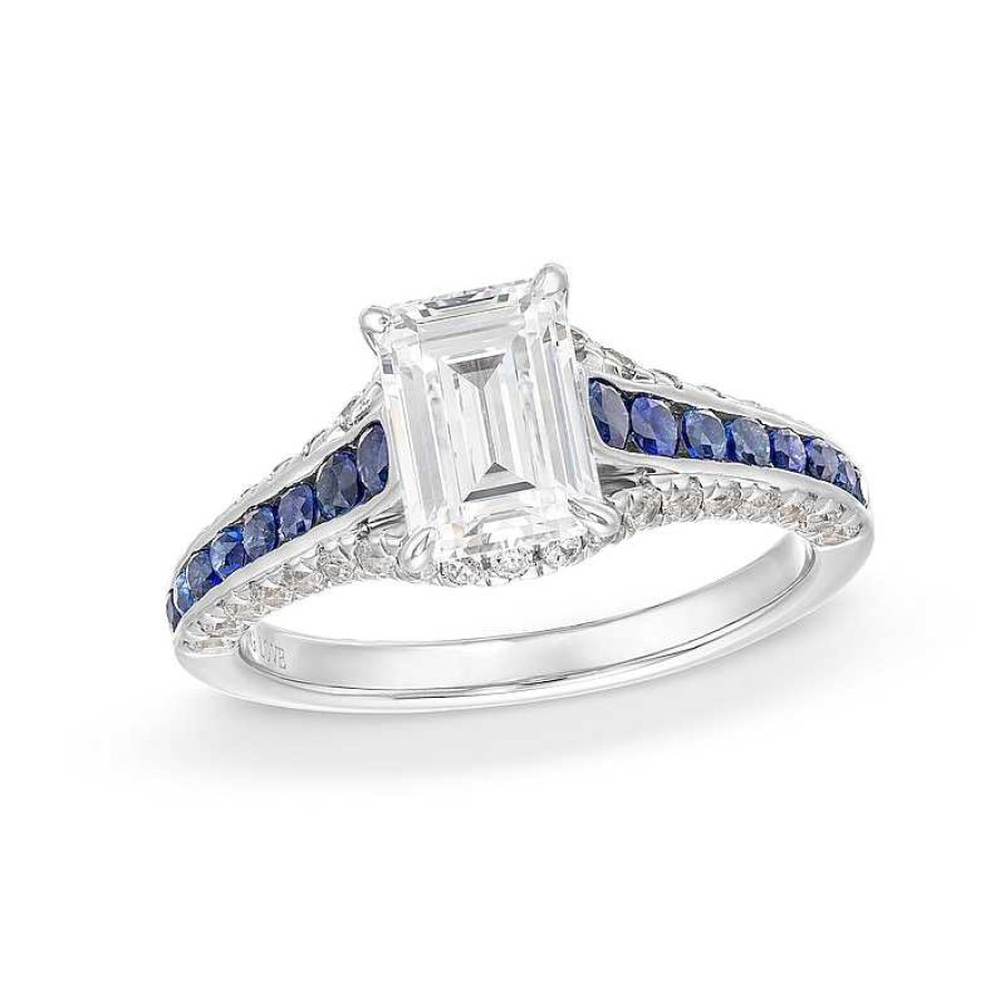 Zales Vera Wang Love Collection 1-1/2 Ct. T.W. Emerald-Cut Certified Diamond And Sapphire Engagement Ring In 14K White Gold Rings