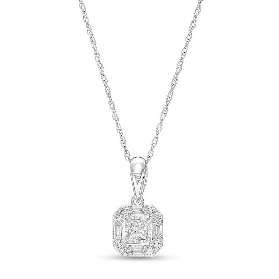 Zales 1/5 Ct. T.W. Princess-Cut Multi-Diamond Octagonal Frame Pendant In 10K White Gold Necklaces