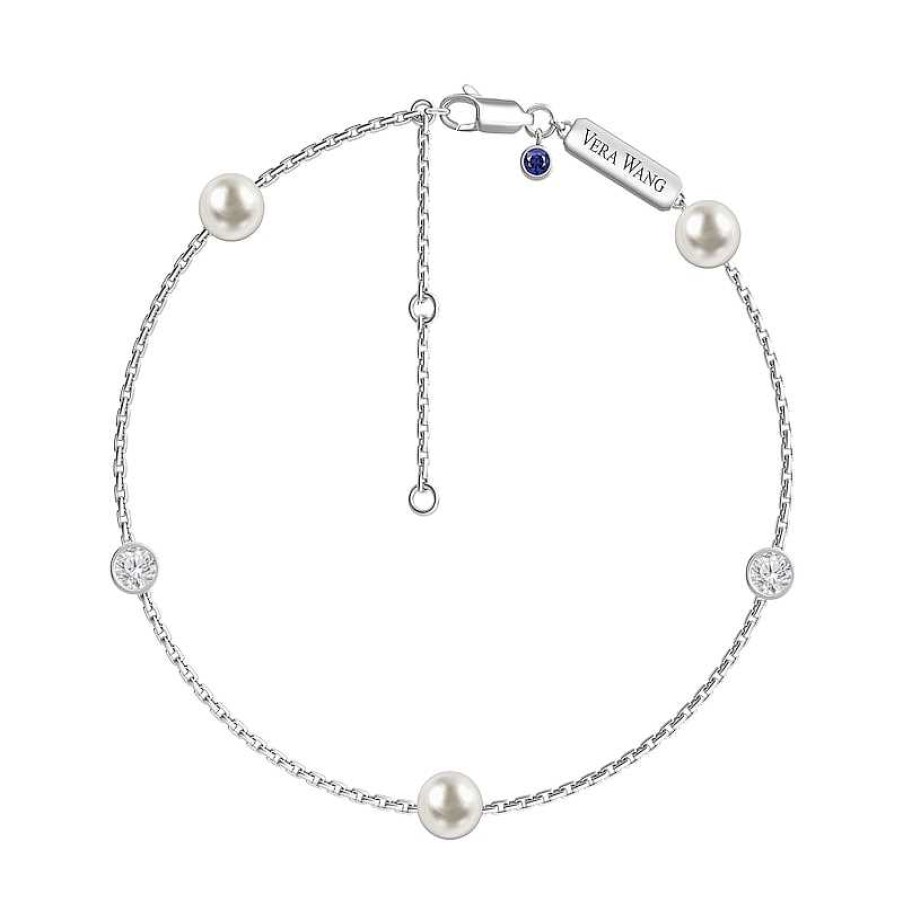 Zales Vera Wang Love Collection 6.0Mm Cultured Freshwater Pearl And White Topaz Station Bracelet In Sterling Silver - 7.5" Bracelets