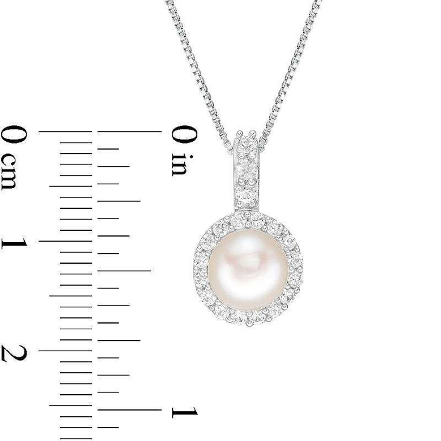 Zales 7.0Mm Cultured Freshwater Pearl And Lab-Created White Sapphire Frame Drop Pendant In Sterling Silver Necklaces