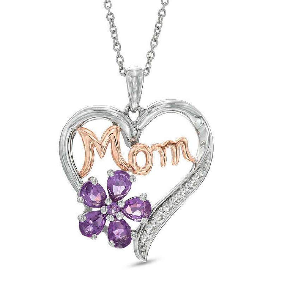 Zales Pear-Shaped Amethyst And Lab-Created White Sapphire "Mom" Heart Pendant In Sterling Silver And 14K Rose Gold Plate Necklaces