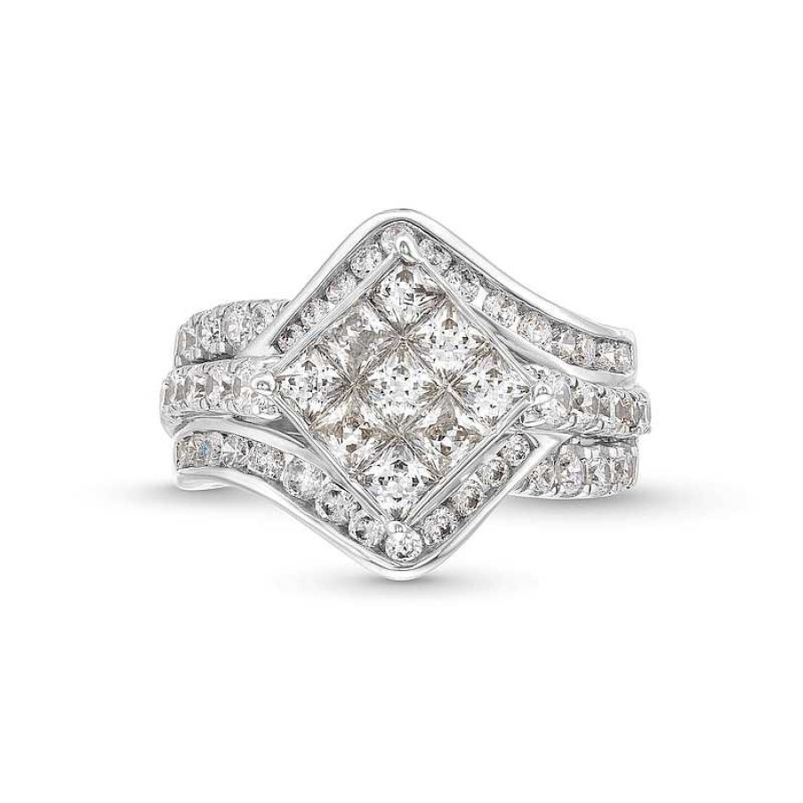 Zales 2 Ct. T.W. Tilted Princess-Cut Multi-Diamond Bypass Multi-Row Engagement Ring In 14K White Gold Rings