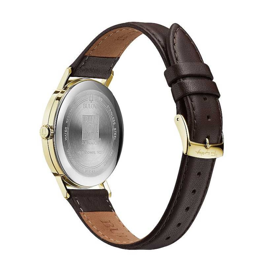 Bulova Men'S Bulova Frank Lloyd Wright Gold-Tone Brown Leather Strap Watch With White Dial (Model: 97A141) Watches