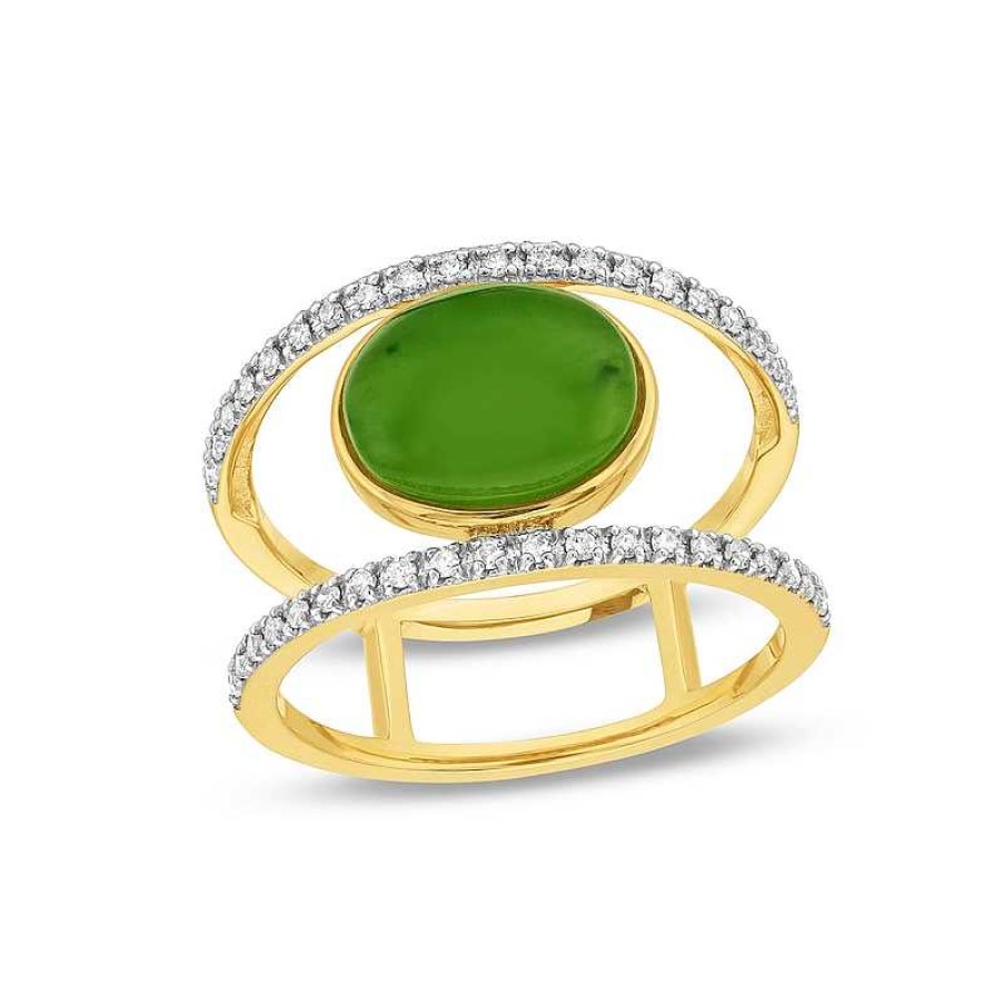 Zales Sideways Oval Jade And 1/5 Ct. T.W. Diamond Open Shank Ring In 10K Gold Rings